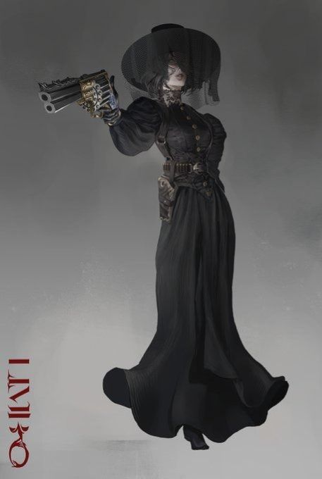 a woman in a long, black victorianstyle dress stands poised with a large, ornate revolver. she wears a widebrimmed hat with a veil partially obscuring her face. the background is a muted grey, drawing focus to the figure.  her attire and weapon suggest a sense of power and mystery.