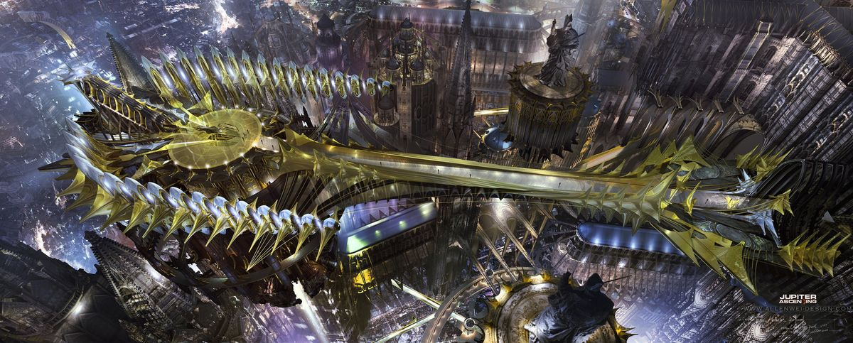 the image depicts a futuristic city at night, illuminated by artificial light. the focus is on a large, ornate spaceship or structure with a bridge extending to the left, connecting to another part of the city. the architecture is highly detailed and extravagant, with gold and silver accents dominating the color scheme. the city sprawls out beneath the structure, suggesting a vast and complex urban environment.