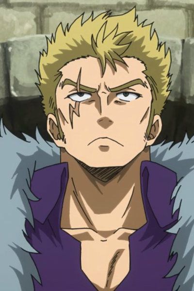 a close up of an anime male character's face. he has blond hair, a purple shirt and is staring seriously with an angry expression. his eyes are narrow, eyebrows furrowed, and he has a scar on his face. his facial hair appears to be a beard and mustache.