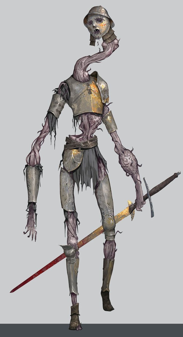 a digital illustration depicts a horrifying humanoid creature.  the creature is  decomposed with exposed bones and flesh, and is wearing a set of medieval armor. the creature's head is a skeletal skull with decaying flesh, and its neck is an elongated, contorted, fleshy tendril. the creature's arm are elongated and fleshy and it holds a long sword in its right hand.  it stands against a plain grey background.  the creature looks very creepy and unsettling.  this artwork is a visual representation of a monstrous and fantastical creature.