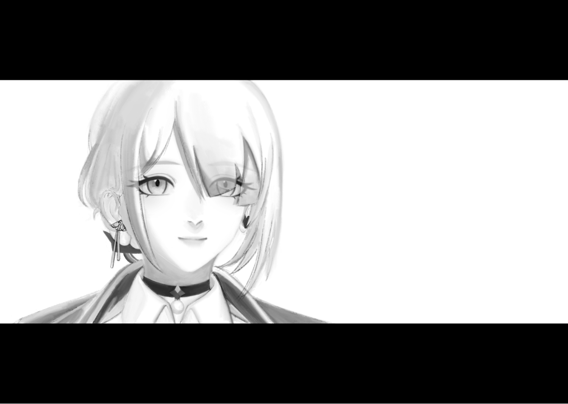 the image shows a closeup monochrome portrait of an animestyle girl or woman. she has short, somewhat messy blonde hair styled with bangs.  her expression is serious and somewhat mysterious, with one eye partially obscured by shadow or a marking. she is wearing a dark jacket over a collared shirt, a choker, and elaborate earrings. the style is elegant and sophisticated, with a focus on detail in her features and clothing. the background is plain white, drawing focus solely to the character. the overall mood is both serene and slightly enigmatic. the image appears to be digital artwork or an illustration.