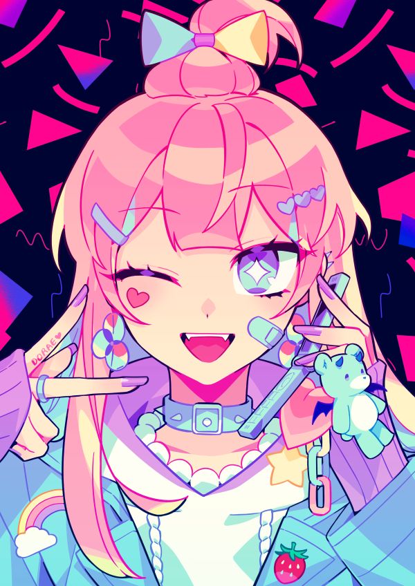 this is a digital illustration of an anime girl with long pink hair. she is wearing a colorful outfit with a rainbow pattern and a star design on her shirt. she has a cute blue teddy bear hanging from her wrist. her expression is cheerful and playful, and she appears to be winking at the viewer.