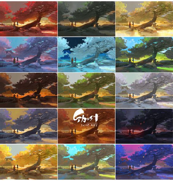 the image is a collage of the same landscape illustration in a variety of color palettes. there is a large, sprawling tree in the foreground with two people standing beneath it. the background depicts a lake or river and a sunset.