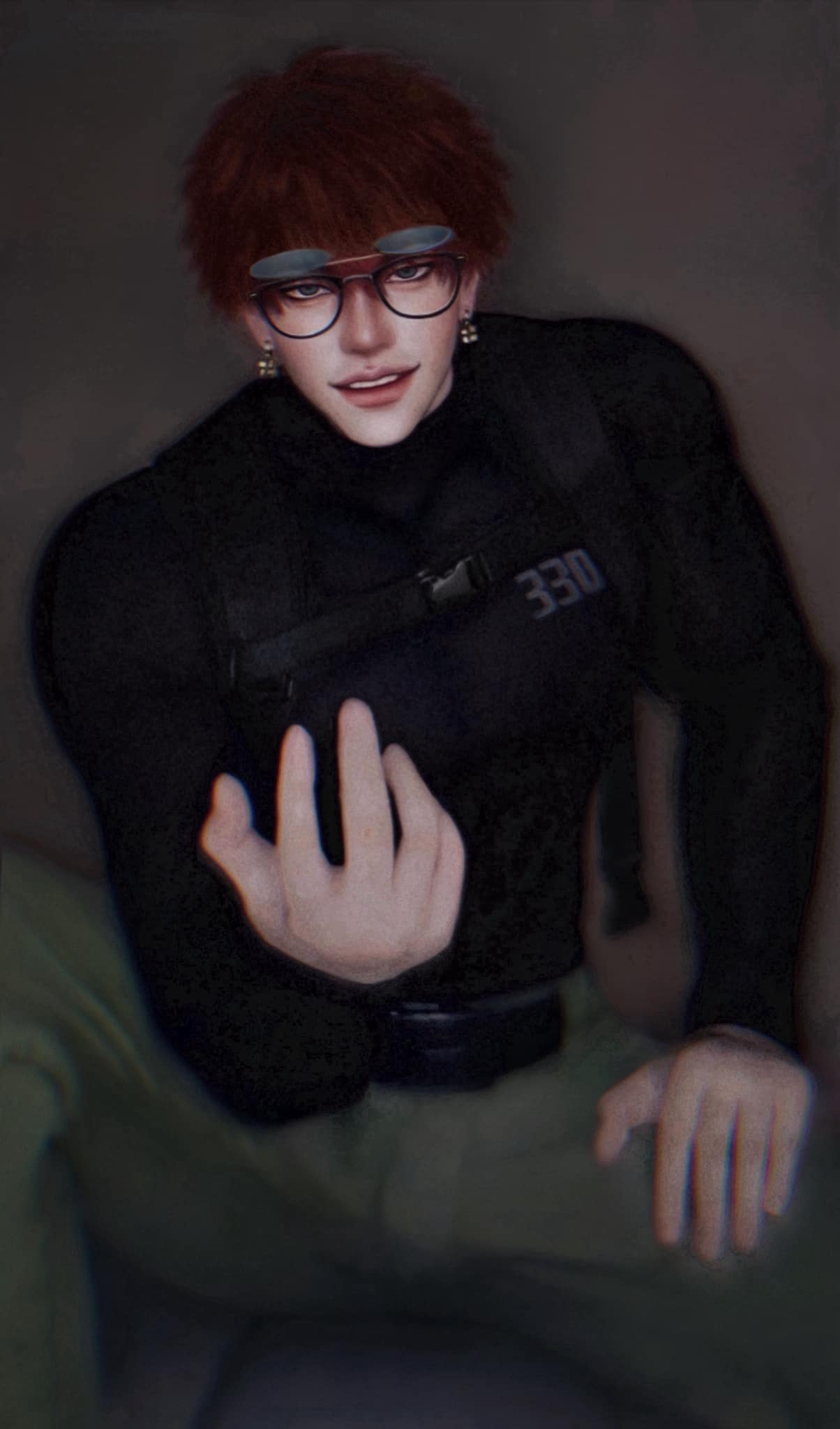 a portrait of a man with red hair and glasses. he is wearing a black shirt, green pants, and is smiling. he is looking at the camera and holding out his hand.  he appears to be cool and confident.