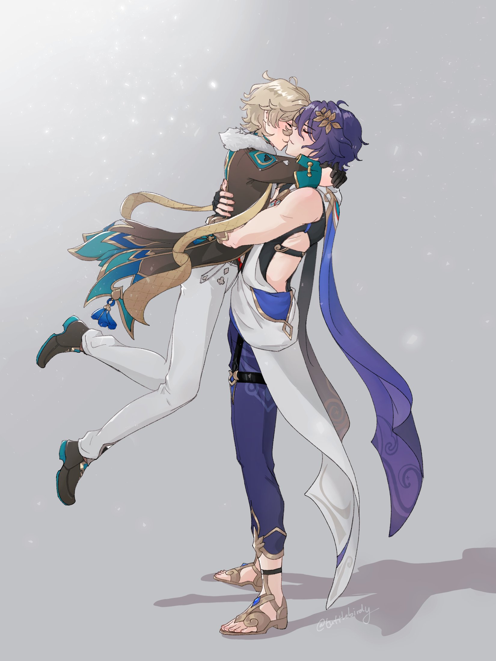 the image is a digital fanart depicting a romantic embrace between two male characters, strongly resembling aether and scaramouche from the popular video game genshin impact. aether, with his blond hair and signature white and gold attire, is being lifted and embraced by scaramouche, who sports purple hair and a flowing purple and white garment. they appear to be sharing a kiss or a very close moment, and the scene is filled with soft light and sparkles, suggesting a tender and romantic atmosphere. the art style is consistent with typical anime and manga aesthetics. the overall impression is one of affection and intimacy between the two characters.