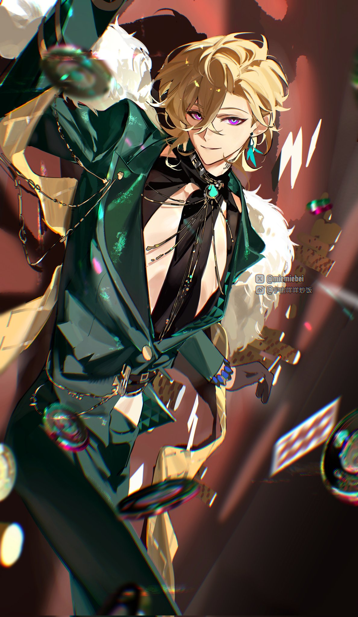 the image is an animestyle illustration of a male character with blond hair, green jacket, and gold chains, standing in a casino with playing cards around him. he has purple eyes and is wearing a black choker with a white fur collar. he appears to be having a good time and enjoying himself.