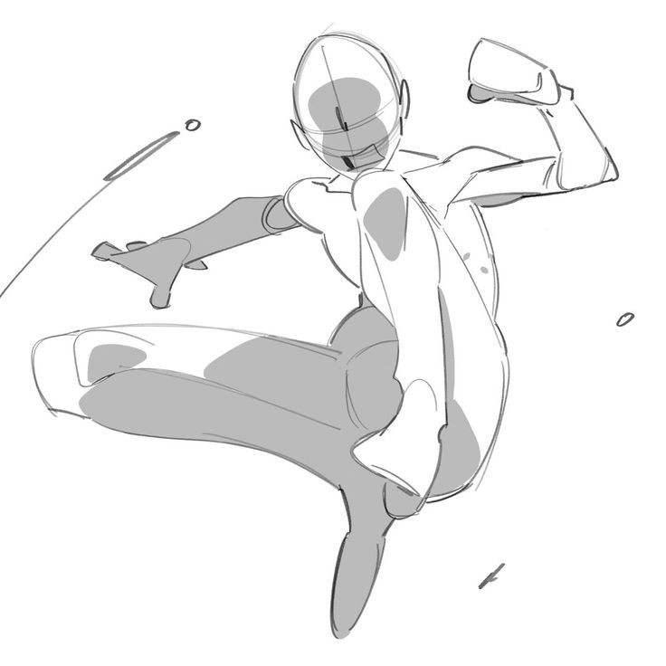 the image is a black and white sketch of a human figure in a dynamic, action pose. it appears to be an art reference or a study of anatomy and body posture. the figure is leaping or kicking, with one leg extended forward and the other bent behind. one arm is raised in a fist while the other is extended forward. the sketch includes some basic shading to suggest light and shadow, and there are a few small lines floating in the background. the figure's face is simplified with basic guidelines. the overall impression is one of movement and energy.