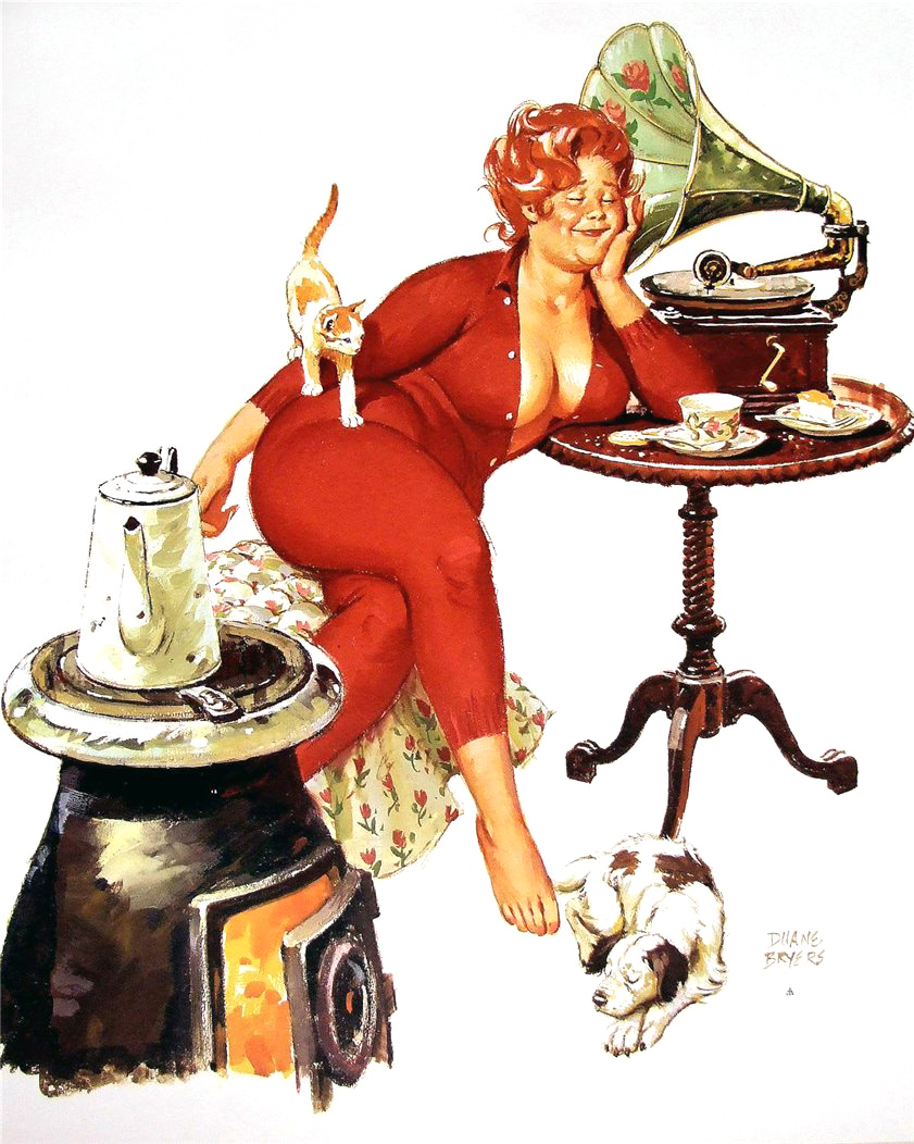a cheerful, curvy woman in a red jumpsuit is enjoying a relaxing moment at home. she sits beside a warm stove, listening to a gramophone while her cat perches playfully on her back. a cup of tea and a plate of snacks rest on a nearby table. her dog lies peacefully asleep at her feet, completing the scene of domestic tranquility.