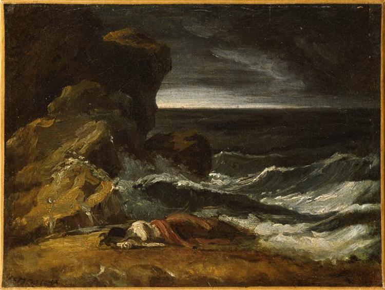 the painting depicts a dramatic shipwreck scene. dark, ominous clouds fill the sky above a raging ocean. waves crash against a rocky shore, and in the foreground, a lone figure lies sprawled on the beach, seemingly lifeless. the figure is clothed in white and red, the colors stark against the somber browns and grays of the surroundings. a sense of despair and the unforgiving power of nature permeate the scene.