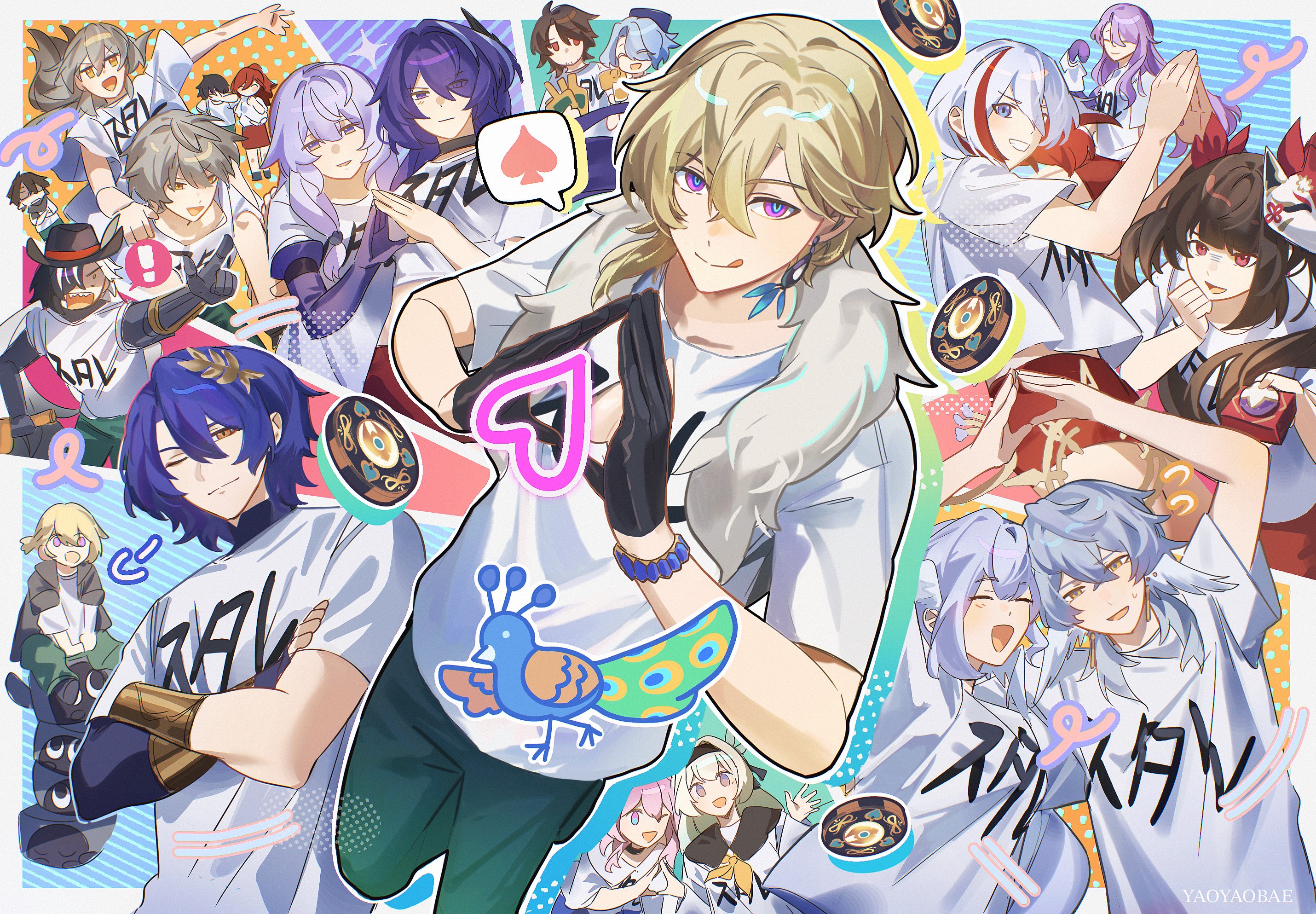 a group of anime characters are all smiling and posing with their arms around each other. they are wearing white tshirts that have different designs on them. the background is colorful and there are a lot of hearts and other shapes. the art style is cartoonish and the colors are bright and vibrant. they seem to be having a lot of fun and enjoying their time together.  the overall mood is joyful and friendly.