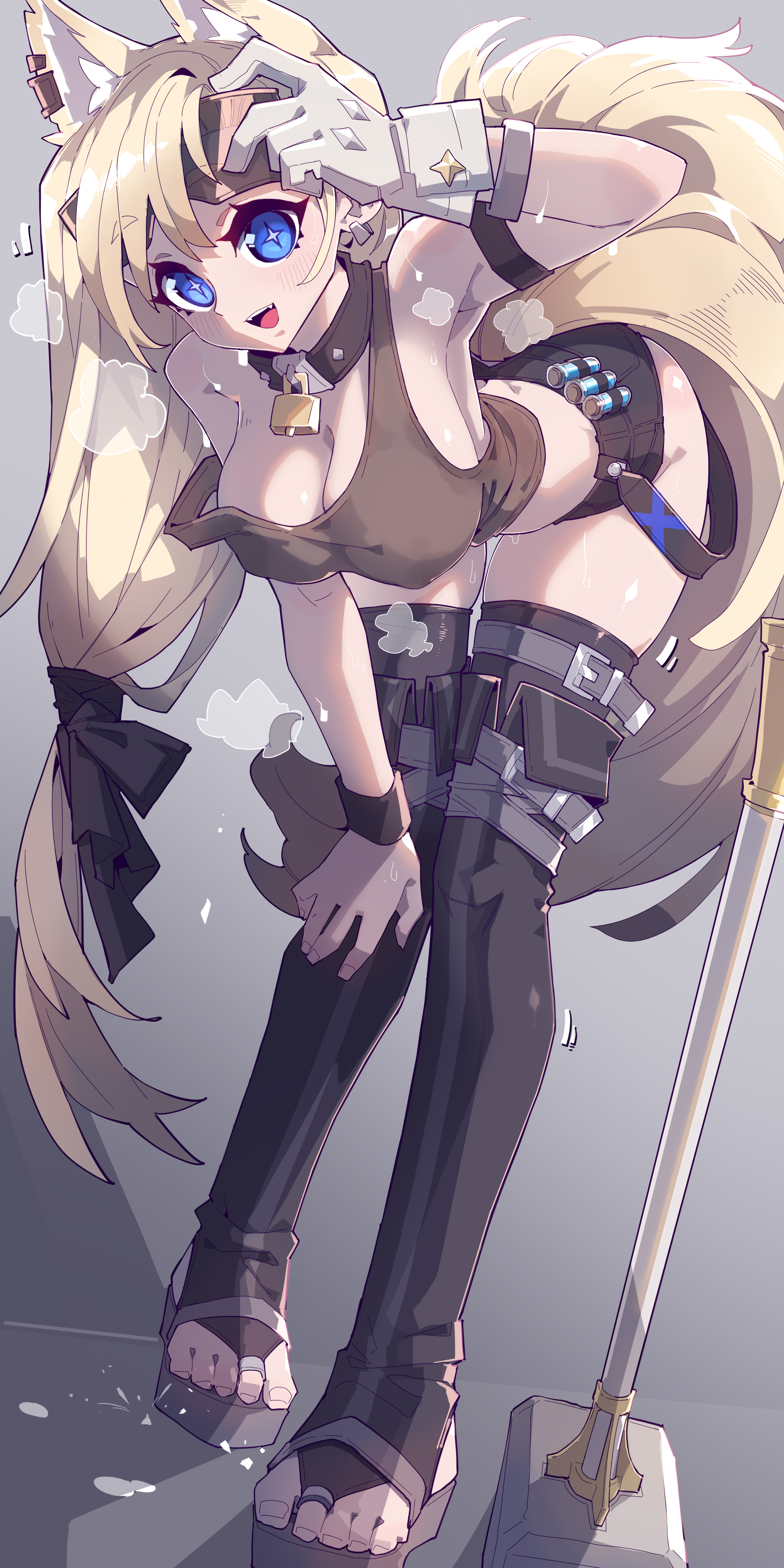 a full shot of a cateared anime girl wearing a brown top, black shorts, and thighhigh boots with sandals. she has blonde hair, blue eyes, a collar with a padlock, and is wearing a gauntlet. she is wiping sweat from her forehead. a shovel is next to her.
