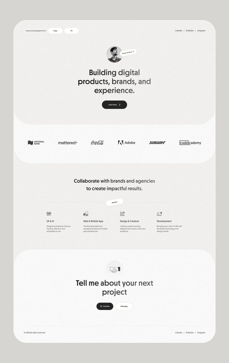 this image showcases a minimalist and clean website design focused on digital product development, branding, and user experience.  the webpage features a captivating headline "building digital products, brands, and experience,"  highlighting the company's core services.  below, a section showcases a client portfolio, featuring logos from notable brands like cocacola, adobe, subway, and codecademy, demonstrating their experience and client base.  further down, the page emphasizes collaboration with brands and agencies to achieve impactful results.  a subsequent section elaborates on their service offerings, encompassing user interface/user experience (ui/ux) design, web and mobile app development, creative direction, and overall marketing strategy. the final section invites visitors to contact them,  encouraging potential clients to discuss their next projects.  this design effectively conveys the company's expertise and professionalism, while  its clean aesthetic enhances readability and user engagement.