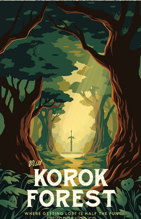 the image is a posterstyle illustration promoting a visit to korok forest, inspired by the video game "the legend of zelda". the scene features a lush green forest with tall trees framing a pathway leading towards a glowing light where a sword is planted in a stone pedestal. the text "visit korok forest" is prominently displayed at the bottom, along with the tagline "where getting lost is half the fun". the overall style is reminiscent of vintage travel posters with a stylized, slightly simplified aesthetic.