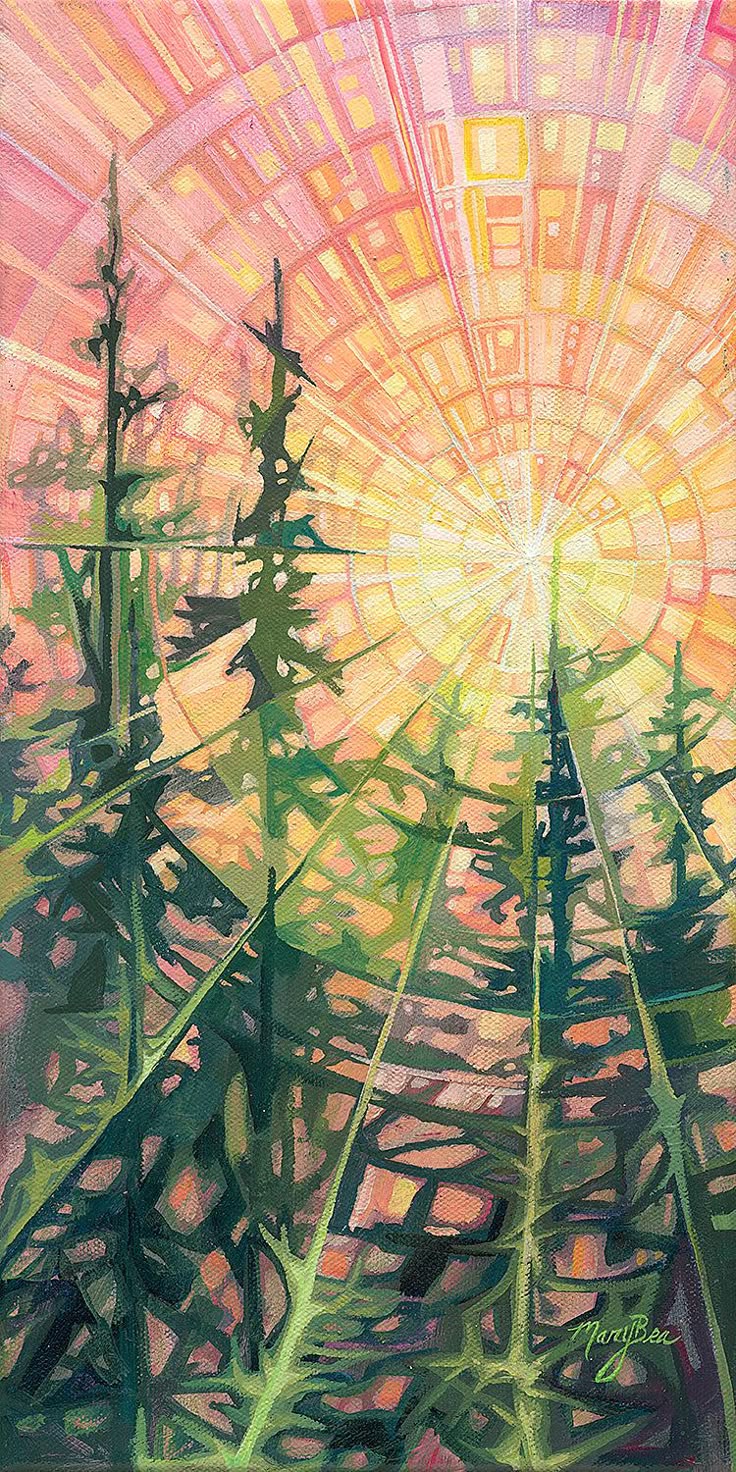 an oil painting depicts a forest scene, with tall pine trees reaching upwards towards a radiating sun or light source. the background sky is rendered in a mosaiclike pattern of warm colors such as pink, orange, and yellow, suggesting sunlight breaking through the trees. the trees are painted with varying shades of green and brown, giving depth and texture to the foliage. the light rays are stylized and create a sense of perspective, drawing the viewer's eye up towards the light. the overall style is somewhat abstract, with a focus on color and light rather than realistic detail. the painting is signed in the lower right corner.