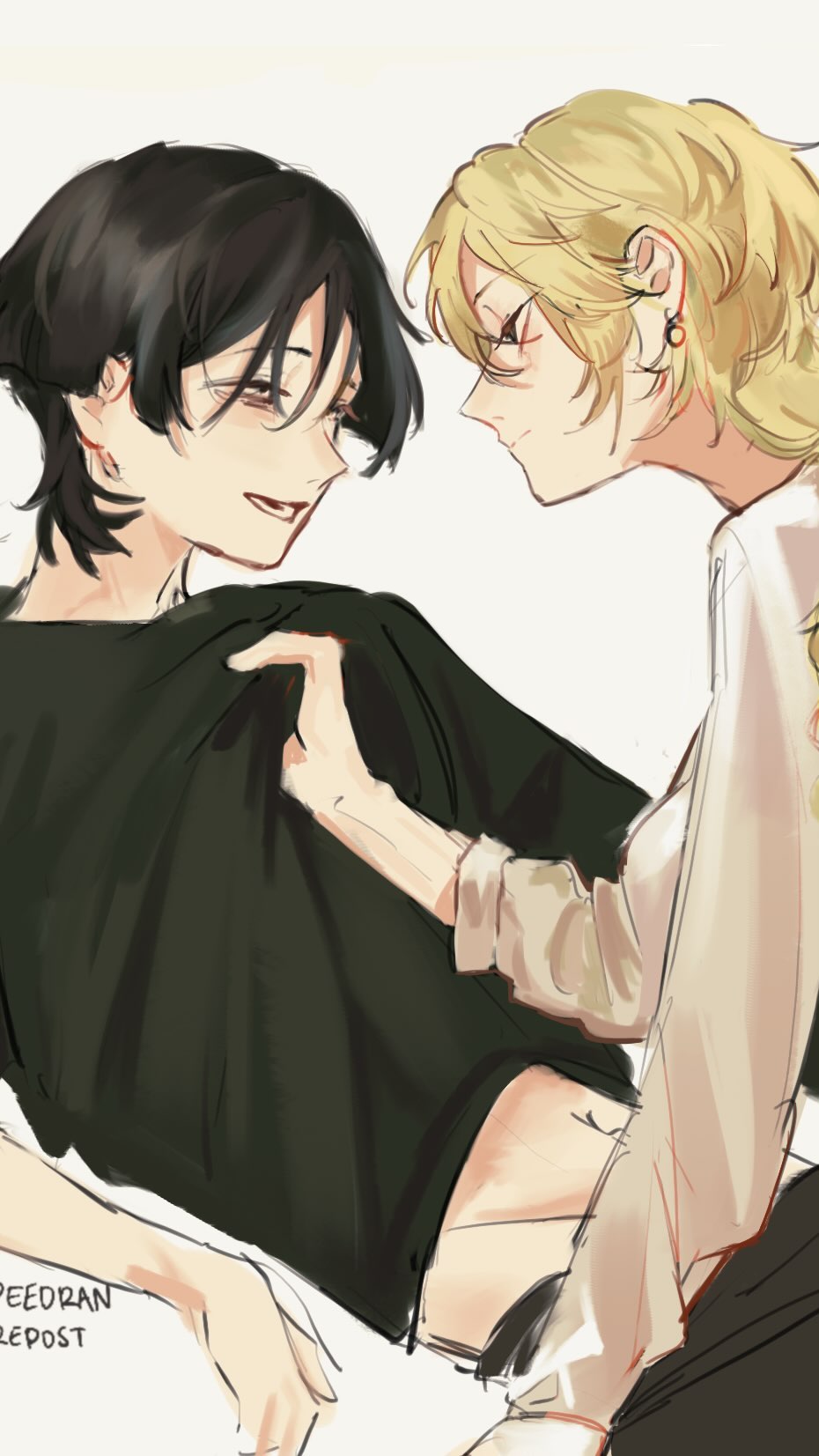 the image is a digital drawing or painting in anime style, depicting two young men in a tender embrace.  one has dark hair and is wearing a dark shirt, partially unbuttoned, while the other has blond hair and is wearing a lightcolored shirt. the blondhaired man's hand is gently touching and caressing the darkhaired man's chest.  their faces are close together, suggesting intimacy and affection. the overall style is soft and romantic, evoking a sense of warmth and connection between the two characters. the art style is loose and painterly with soft lines and shading.  a watermark or artist signature is visible in the lowerleft corner.