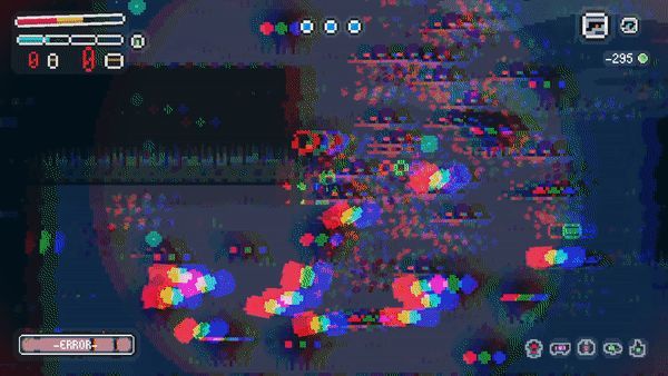 the image shows a video game screenshot with a glitch effect. the game appears to be a pixel art style platformer. the headsup display (hud) includes a health bar, coin count, icons for various items or abilities, and an error message labeled "error". the game's visuals are distorted by the glitch, creating a colorful and chaotic effect.