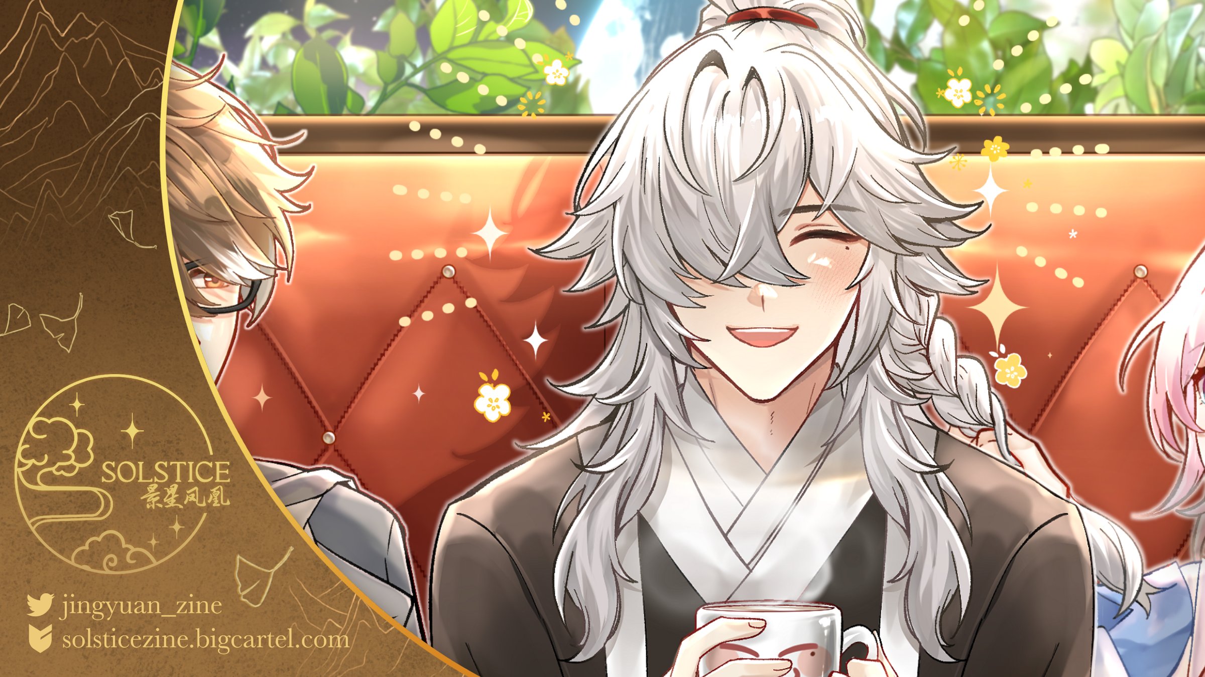 the image shows three anime characters sitting at a cafe. one character is a young man with white hair and a braided ponytail, wearing a white shirt and black jacket. he is smiling happily and holding a cup of coffee. the other character is a young man with black hair and glasses. he is wearing a grey shirt and looking at the whitehaired man. the third character is a girl with pink hair, wearing a white and blue dress. the image is set in a cozy cafe with red seats and a warm atmosphere. the characters are all very happy and friendly, suggesting a pleasant friendship.
