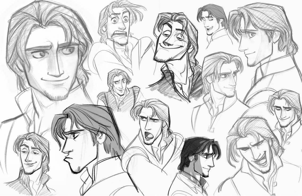a collection of twelve character sketches of flynn rider from disney's tangled, showcasing a variety of expressions and angles.