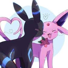 the image is a digital illustration featuring two pokemon characters: a pink and white gardevoir and a black and blue umbreon. they are hugging each other with the umbreon leaning on gardevoir's head and gardevoir with her arm around umbreon's waist. the background is a blue and white soft gradient with hearts, while the character's bodies are a solid color. gardevoir's face is full of joy, her eyes are closed and mouth open in a big smile. umbreon has its eyes closed and a peaceful, relaxed expression. the two pokemon are drawn in a cartoon style with soft, rounded features. the image conveys a sense of love and friendship between the two pokemon characters.