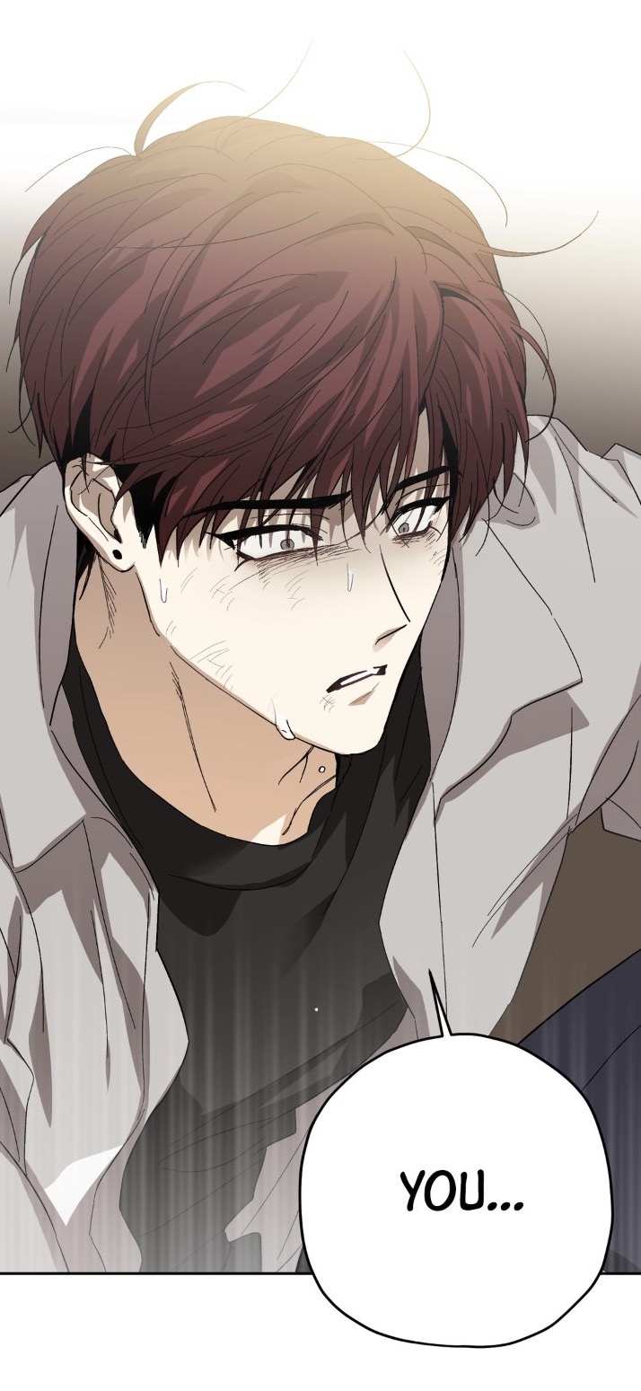 closeup illustration of a male character from a manga or manhwa. he has messy brown hair, and his face shows signs of distress, including sweat and what looks like tears. he's wearing a lightcolored jacket or shirt. a speech bubble containing the word "you..." is in the bottom right corner. the overall style is dramatic and emotive.