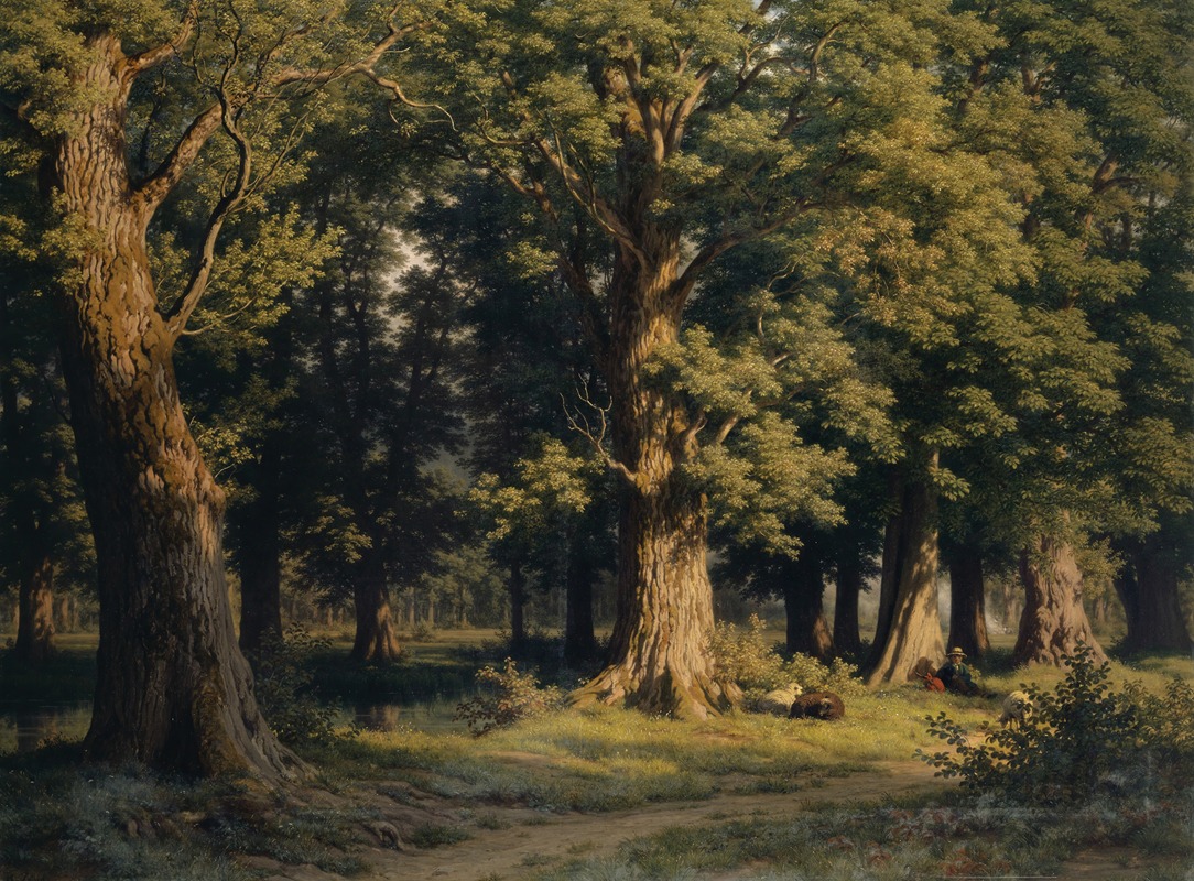 a painting depicting a lush forest scene with tall trees dominating the landscape. sunlight filters through the leaves, illuminating patches of grass and foliage. a path winds through the forest, and small figures of people can be seen in the middleground. the overall impression is one of natural beauty and tranquility.