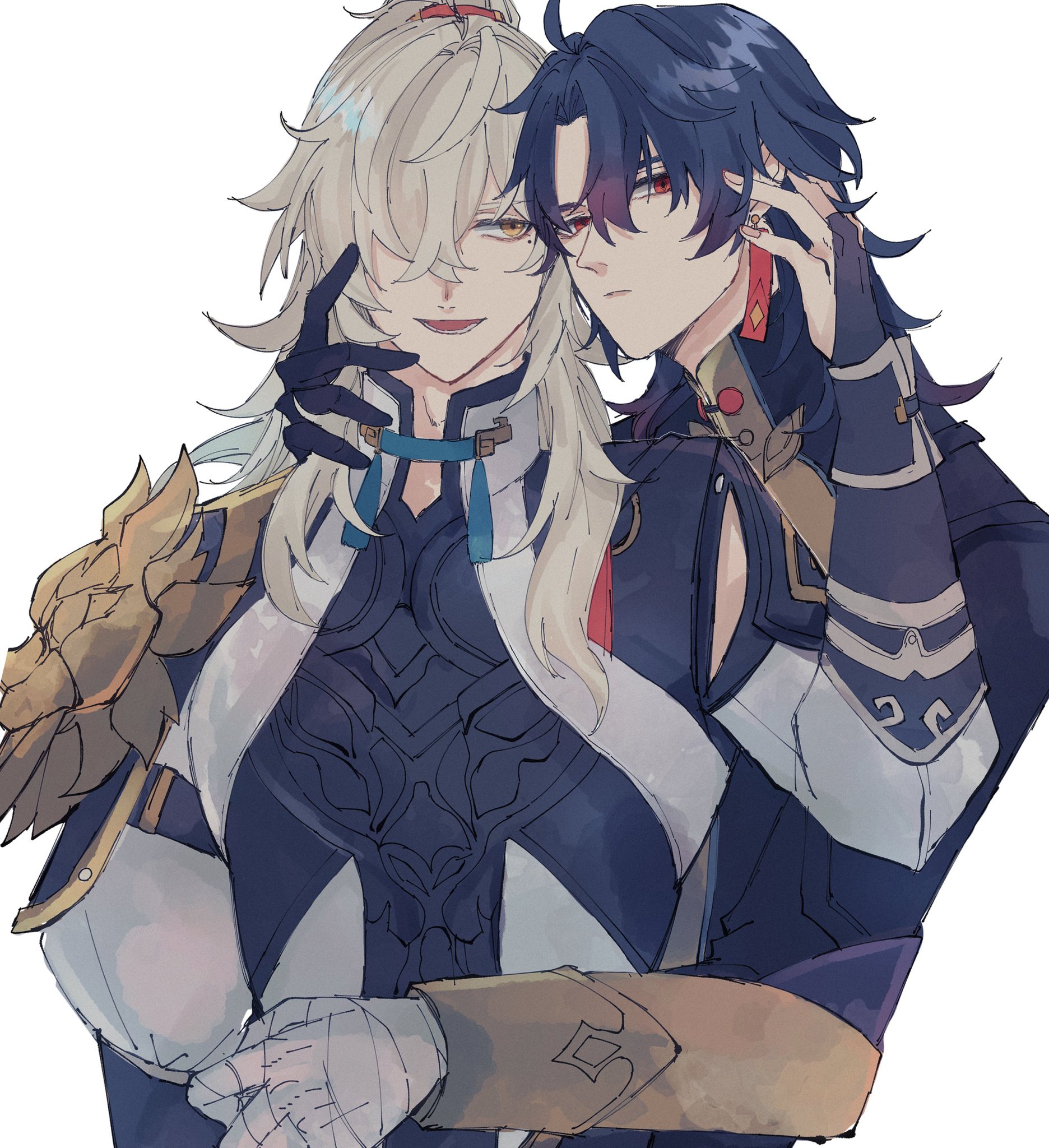 the image depicts a closeup view of two anime men embracing. the man on the left has long, white hair, and is looking to the right of the frame. the man on the right has short, dark blue hair and is looking down at the man on the left. they both appear to be dressed in elaborate, colorful clothing. the man on the left is holding his right hand in a fist near his face, and the