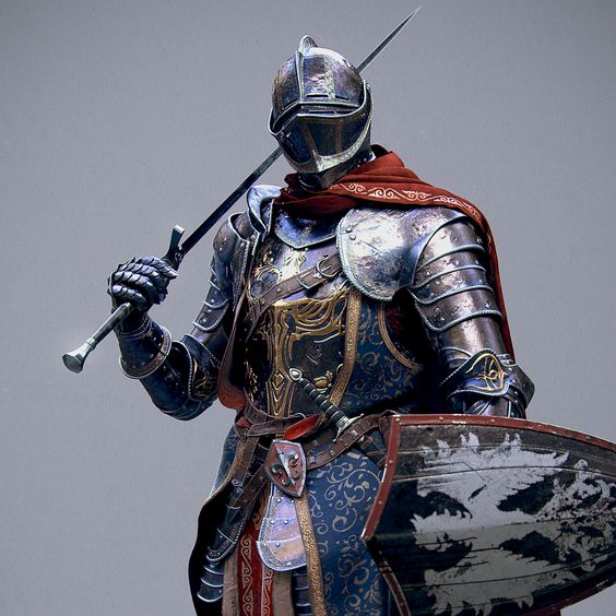 a digitally rendered knight stands in full plate armor, holding a sword and shield. his armor is intricately detailed with a mix of blue, gold, and silver, while a red cloth peeks out from beneath. the helmet fully obscures his face. the background is a neutral gray, suggesting a studio setting.