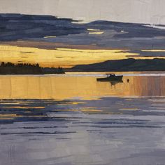 the painting depicts a serene sunset over a body of water. the sky is awash in warm hues of yellow and orange, with streaks of purple and gray clouds. the setting sun casts a golden glow on the water, creating a mirrorlike reflection of the sky. a lone boat is silhouetted against the horizon, adding a sense of scale and solitude to the scene. the overall mood of the painting is one of peacefulness and tranquility.