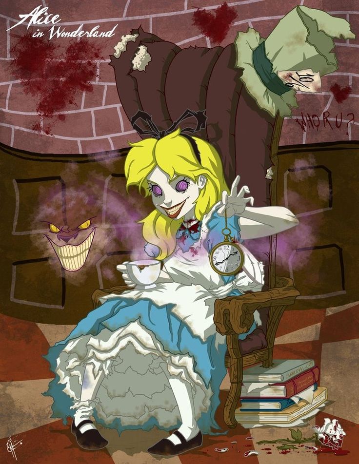the image is a dark and disturbing reimagining of alice in wonderland.  alice is depicted as a pale, almost zombielike character with bloodstains on her dress. her expression is sinister and unsettling.  she sits in a tattered armchair next to a similarly damaged mad hatter whose hat is marked with "who r u?". a ghostly cheshire cat's grin is visible in the background.  the scene is rife with blood splatters, adding to the macabre atmosphere.  alice holds a teacup and a pocket watch, classic elements of the original story, but presented in a violent and unsettling context. the overall style is a dark fantasy, possibly leaning towards horror or gothic art. the image is digitally created, showing detail in the character design, background, and texturing.
