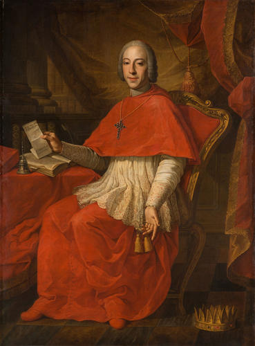 the image is a fulllength portrait painting of a cardinal in baroque style, seated in an ornate armchair indoors. he wears red clerical robes with white lace details and a cross necklace. his white wig frames his face as he holds a document in one hand. a book, bell, and a crown rest on the table next to him. red drapery and a classical column create a backdrop.