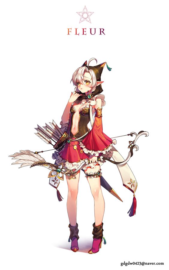an animestyle illustration of a female elf archer standing against a white background. she has silver hair with pointy ears, wearing a revealing red and black archer outfit. she is holding a bow in her left hand and arrows in the other. the overall style is cute and fantastical.