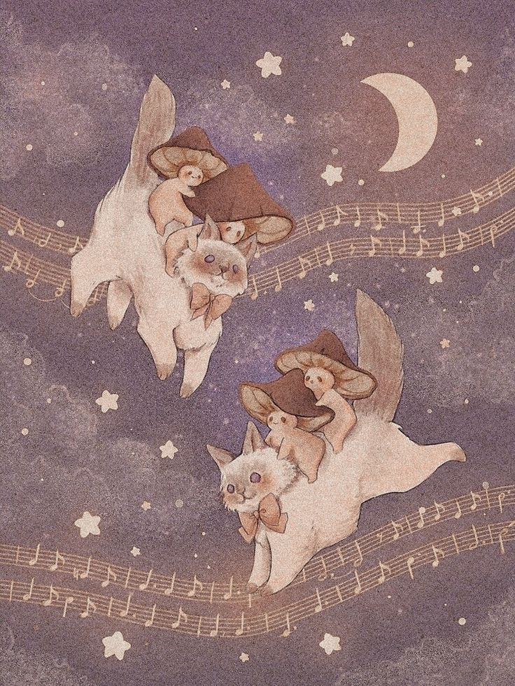 two cats with mushroom people riding on their backs fly through a night sky filled with stars, a crescent moon, and musical notes. they are all rendered in a vintage illustration style with muted colors.