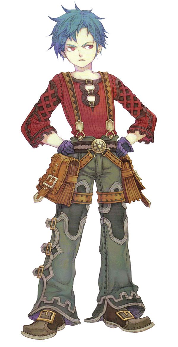 this is a fullbody illustration of a young boy character from a video game or anime/manga.  he has short, spiky blue hair and is dressed in a red, patterned shirt, green pants with elaborate detailing, brown boots, and a leather satchel and belt.  he appears to be a resourceful character possibly with crafting or adventuring skills.  his posture is slightly defiant or guarded. the style is reminiscent of fantasy art with a slightly painterly quality.