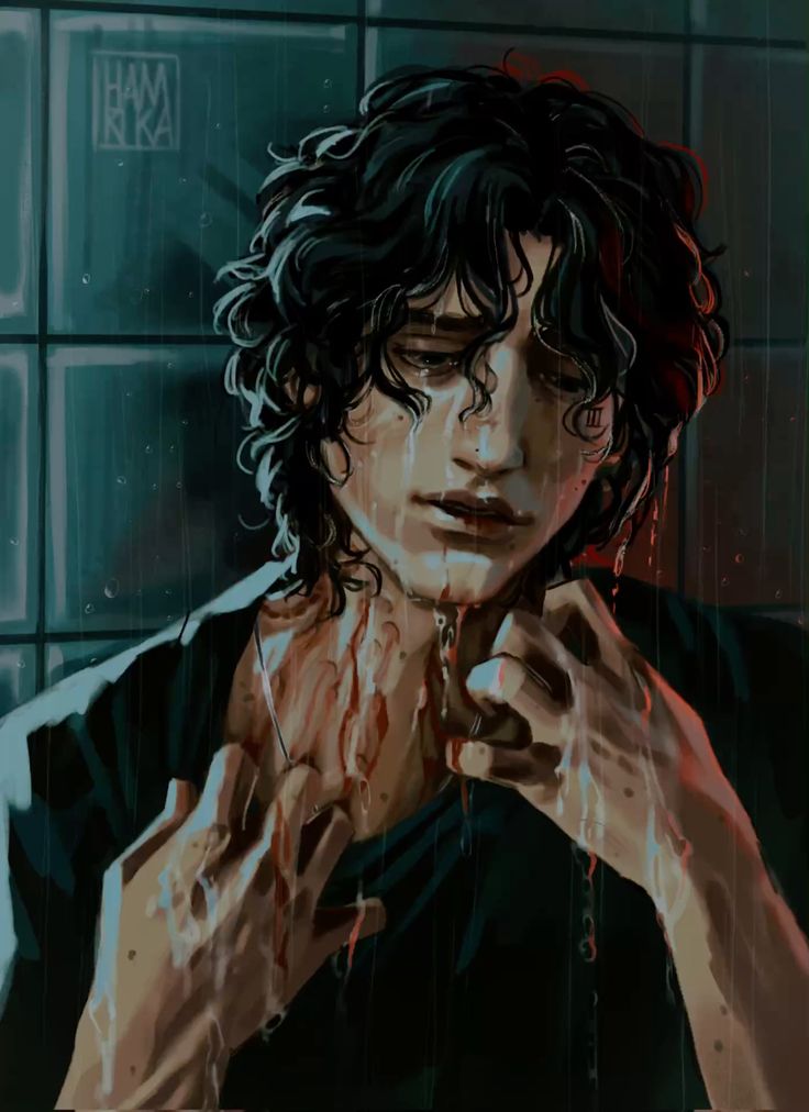 the image is a digital painting of a young man with curly dark hair. he appears to be distressed, possibly injured, with blood visible on his neck and chest. rainwater is streaming down his face and body. he is shown from the chest up, his hands are near his neck. the background is a dark, tiled wall suggesting a bathroom setting. the overall mood is somber and dramatic. the image is richly detailed and painted with a realistic style.  a small tattoo of roman numerals is visible on his neck.