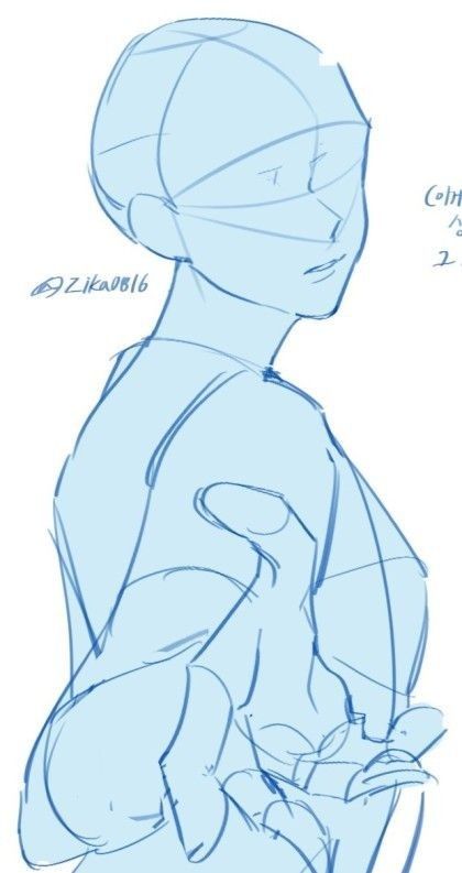 a blue line art drawing of an anime girl's pose.  her head is tilted to the right and she is gesturing with her hands, her right arm is bent, and her left hand is reaching out.  the figure has a basic outline of her anatomy.