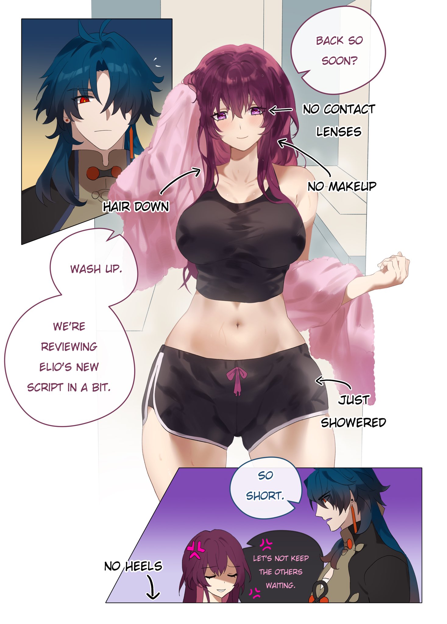 an anime style comic scene where a woman with purple hair is taking off her clothes and getting ready for a meeting. she has taken off her contact lenses, make up, and is ready to wash up. she is telling the man with black hair to wait and that she will be ready soon. there is a dialogue about how she just got out of the shower.