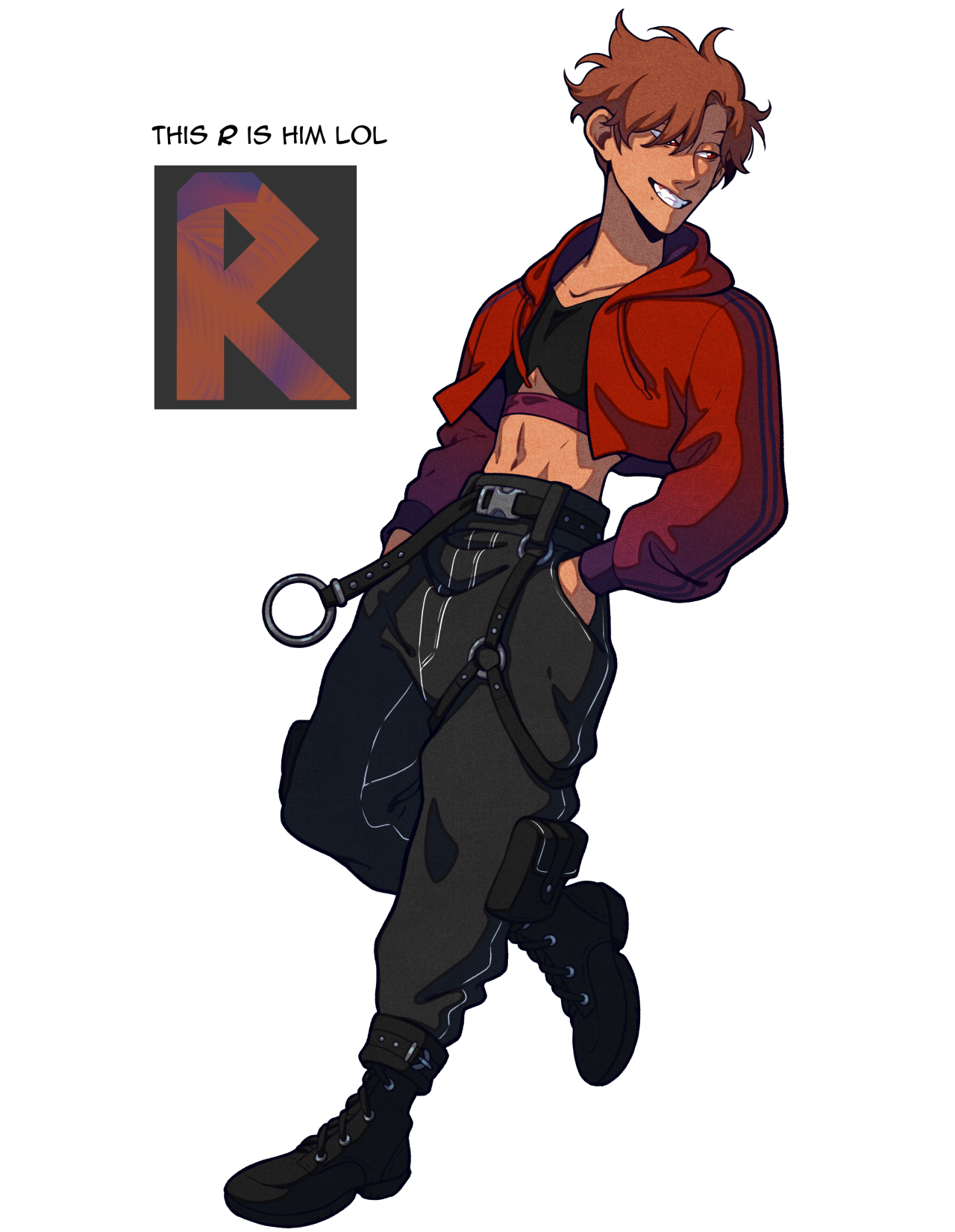 a digital illustration of a young man with short brown hair, styled with the front pushed back. he wears a confident, playful smirk and is positioned with one hand in his pocket. his attire features a red cropped jacket with white stripes on the sleeves, revealing a black crop top underneath. he also dons black cargo pants with numerous buckles and chains, a black belt with a silver chain, and black platform combat boots. the background is plain white, except for a smaller graphic in the top left corner. this graphic consists of a stylized, metalliclooking "r" in dark red and orange, set against a black square. above the graphic, a handwritten caption reads, "this r is him lol".