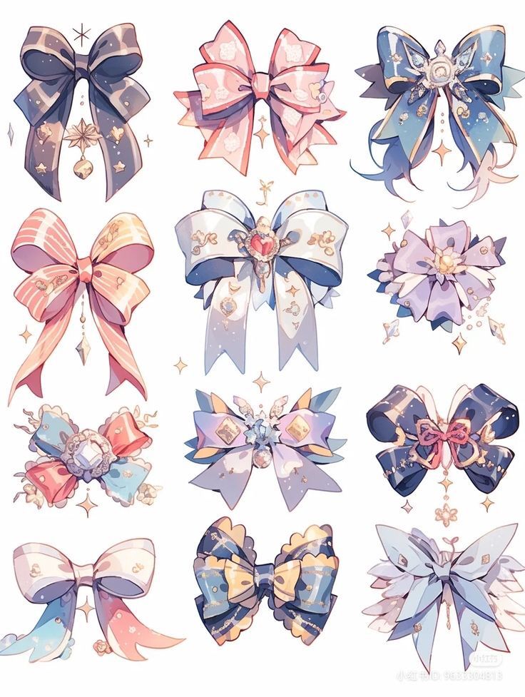 the image is a collection of twelve different illustrations of elaborate bows, each tied with long ribbons and decorated with jewels, beads, and delicate linework. the style is reminiscent of anime and fantasy art, with a soft and dreamy aesthetic.