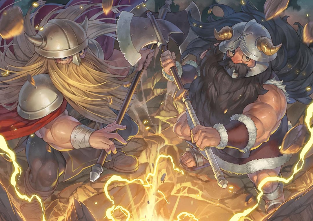 two muscular vikings clash axes amidst a shower of sparks and a glowing magical fire. they are framed against a dark, rocky environment, likely at night. the perspective is low, emphasizing their power and the intensity of the battle. one viking has long blonde hair and a serious expression, while the other has dark hair and a determined look.