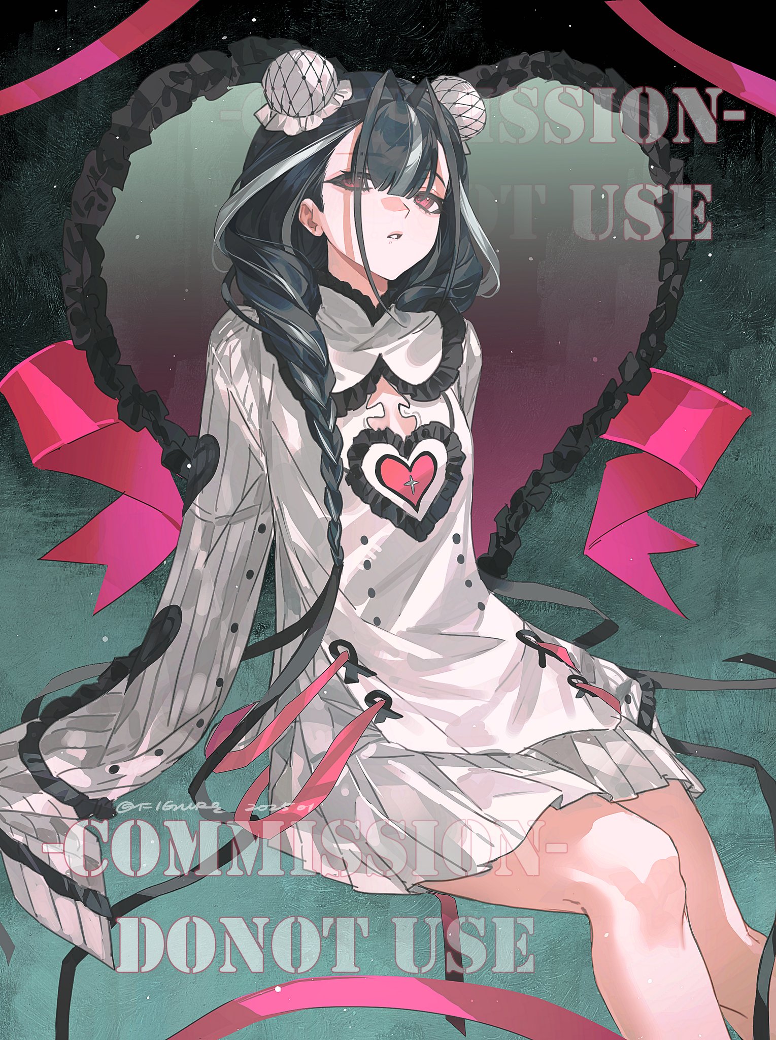 an anime girl with black hair and pale skin is sitting down. she is wearing a white dress with a black and white heart on the chest. she has black braids and pink bows tied around her. she has pigtails with a white net wrapped around them. there are black ribbons and pink bows surrounding her. the background is a gradient of green and purple. the words "commission  don't use" are written across the image.