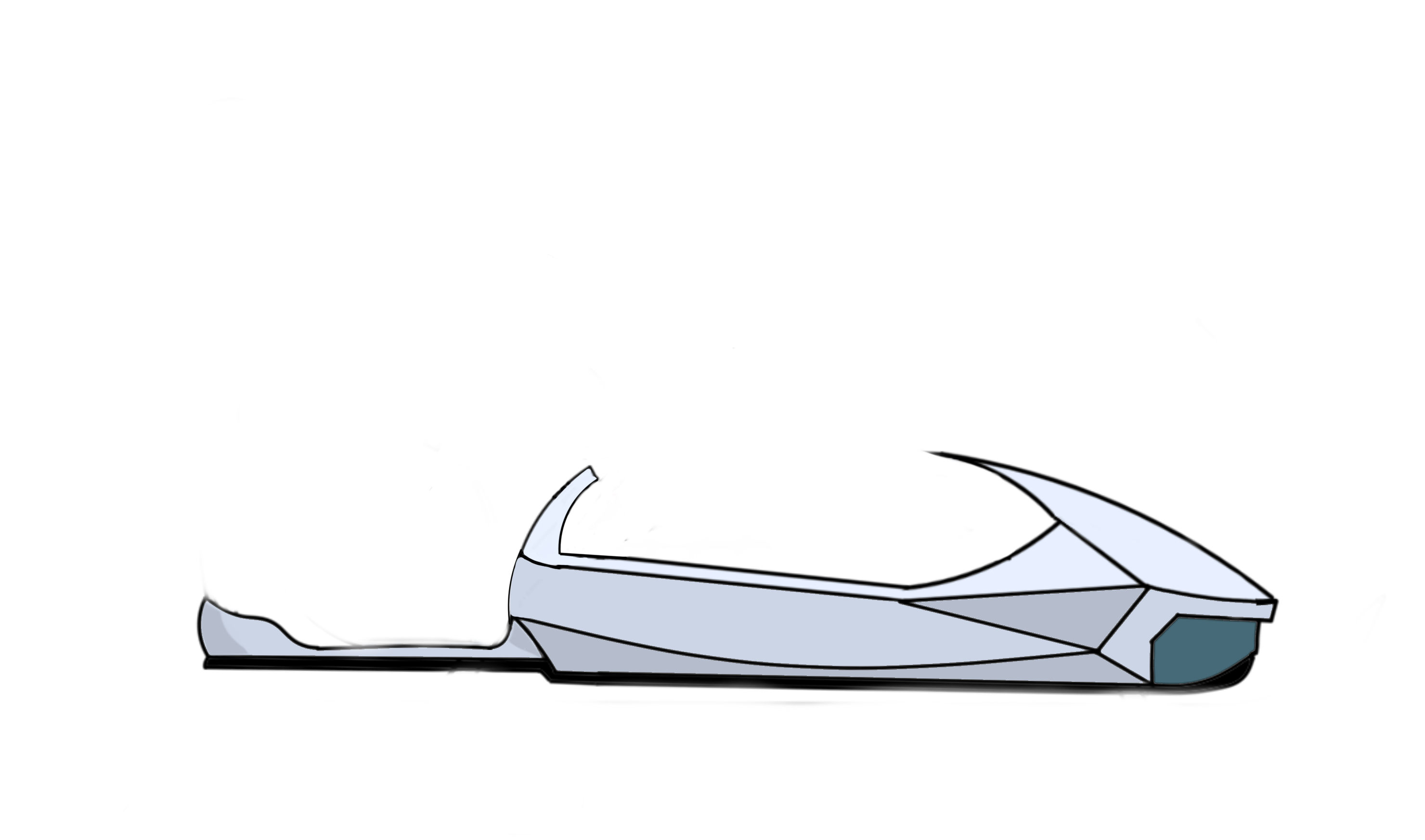 a cartoonstyle illustration of a futuristic spaceship in profile view, with a white hull, black outline, and a blue window. the spaceship has a sharp, angular design and looks sleek and modern.