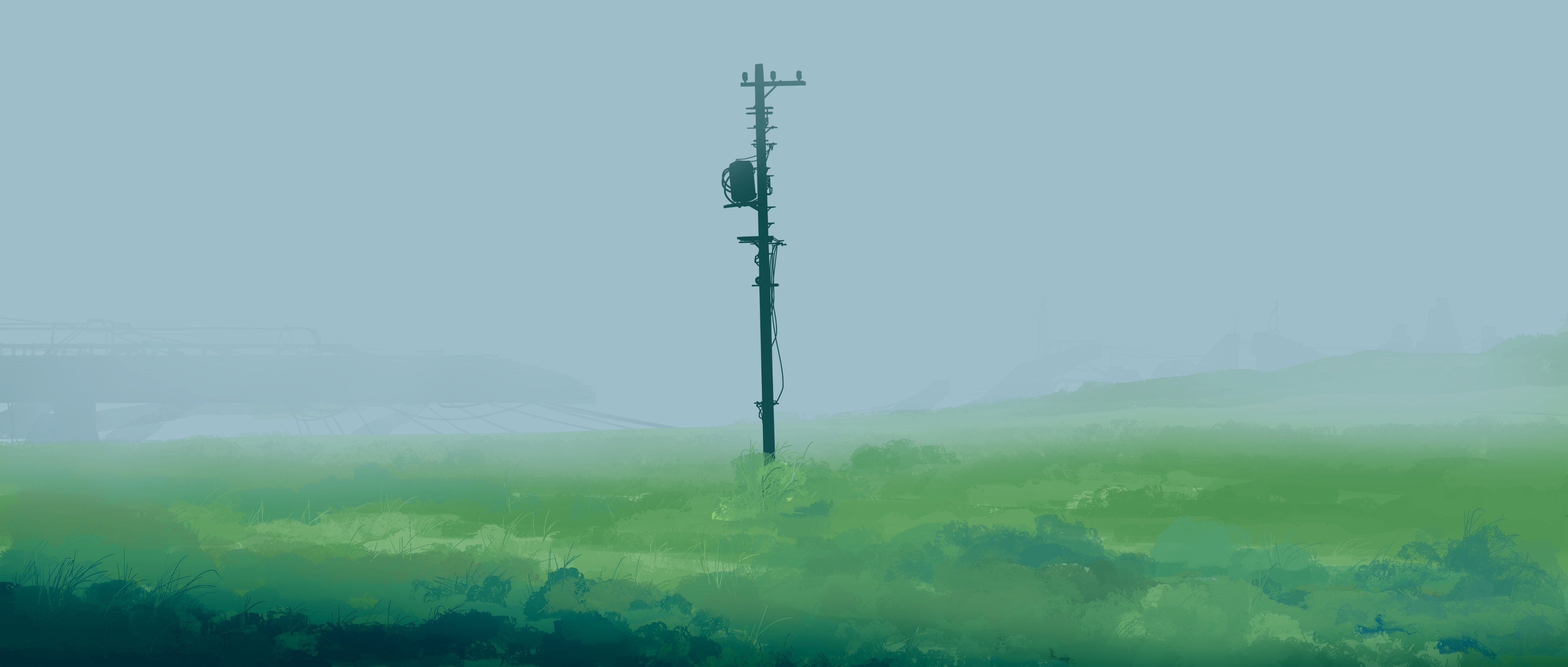 a landscape photograph of a foggy field with a lone telephone pole in the center. the image has a minimalist and serene feel to it. the color palette is mostly green, reflecting the lush grass and vegetation. the fog creates a sense of depth and atmosphere, making the telephone pole stand out as the main focal point.