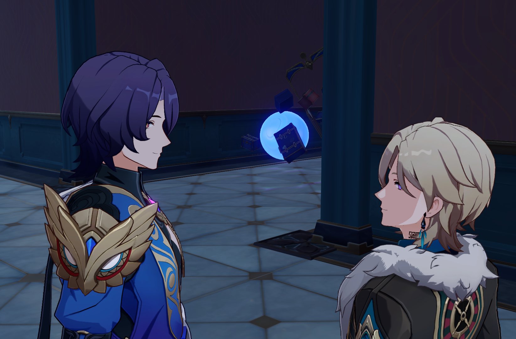 this is a still image from the video game genshin impact. it shows two male characters, scaramouche (wanderer) and alhaitham, standing facing each other in an ornate, darkcolored interior.  they appear to be having a conversation or interaction. between them, several small objects are floating in a blue orb.  the style is animeinfluenced 3d graphics.