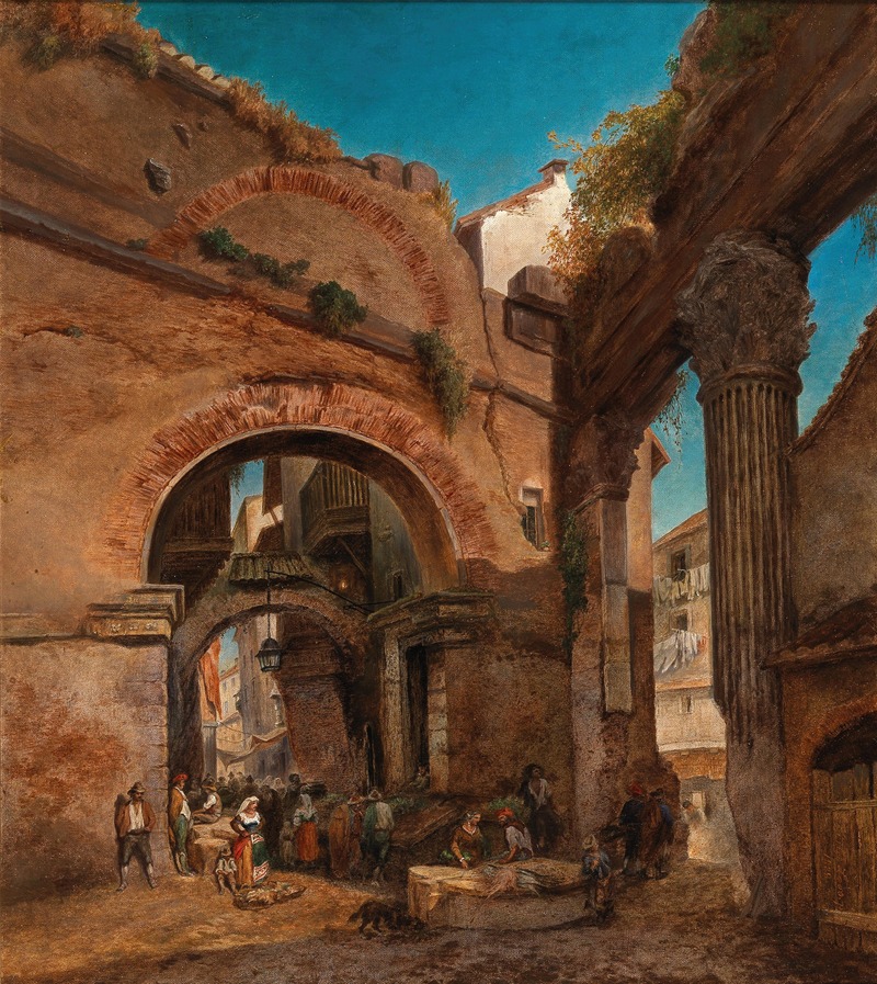 this is a painting depicting a bustling street scene in rome, likely from the 19th century. the artwork features a mix of ancient roman ruins and more modern buildings, showcasing the city's layered history. dominant architectural elements include a large archway and a classical column, both showing signs of age and wear. many people are depicted in the scene, suggesting a lively market or gathering place. the overall atmosphere evokes a sense of historical grandeur and everyday life intertwined.