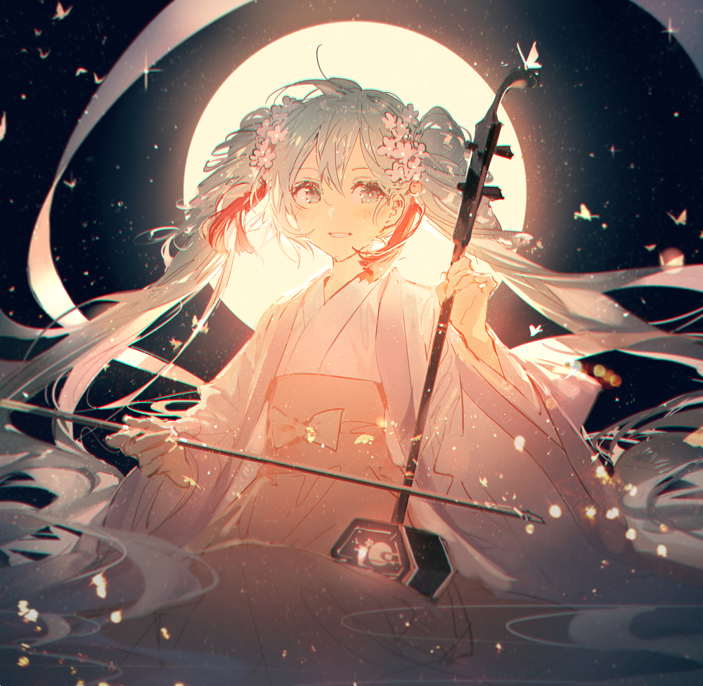 an anime girl wearing a white kimono and with long, lightcolored pigtails adorned with flowers is holding a japanese stringed instrument. behind her is a large, bright moon and the surrounding area is filled with stars and butterflies.