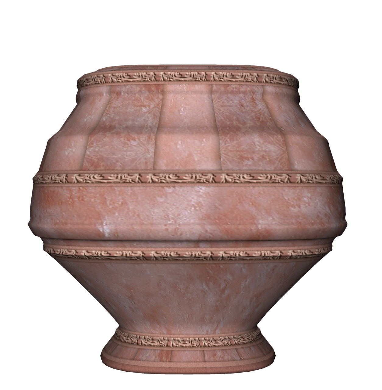 a terracotta pot with ornate carvings around the top, middle, and bottom. it has a rounded body with a flared base.