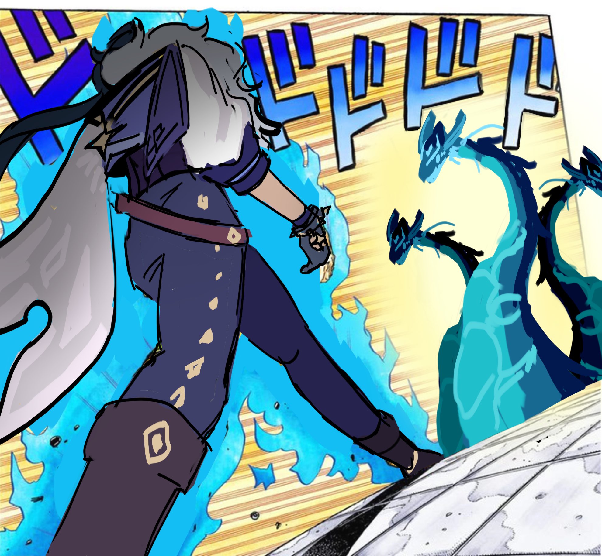 the image is a dynamic, animestyle drawing depicting a battle. a man with white hair and a flowing cape, drawn in the style of "jojo's bizarre adventure," confidently strides towards three stylized blue dragons. the perspective is from a low angle, emphasizing the man's power and determination. the scene is set outdoors in a city, bathed in bright sunlight, with a color palette dominated by blues, yellows, and whites. the overall impression is one of action, energy, and fantastical combat.