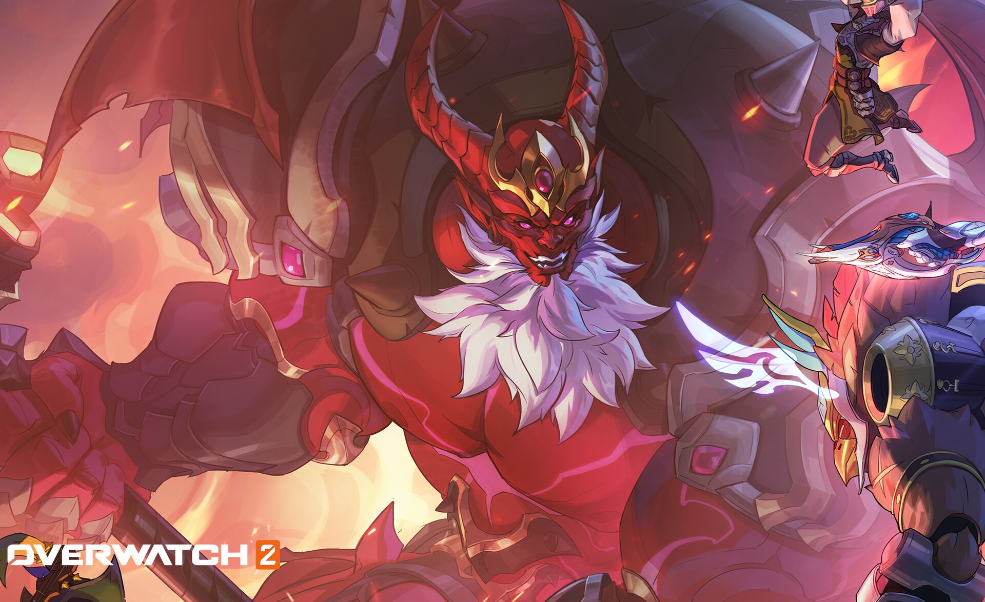 a digital illustration of a demon character from overwatch 2, the character is red with horns, a crown, and a beard. it is holding a weapon and looks like it is in the middle of battle.
