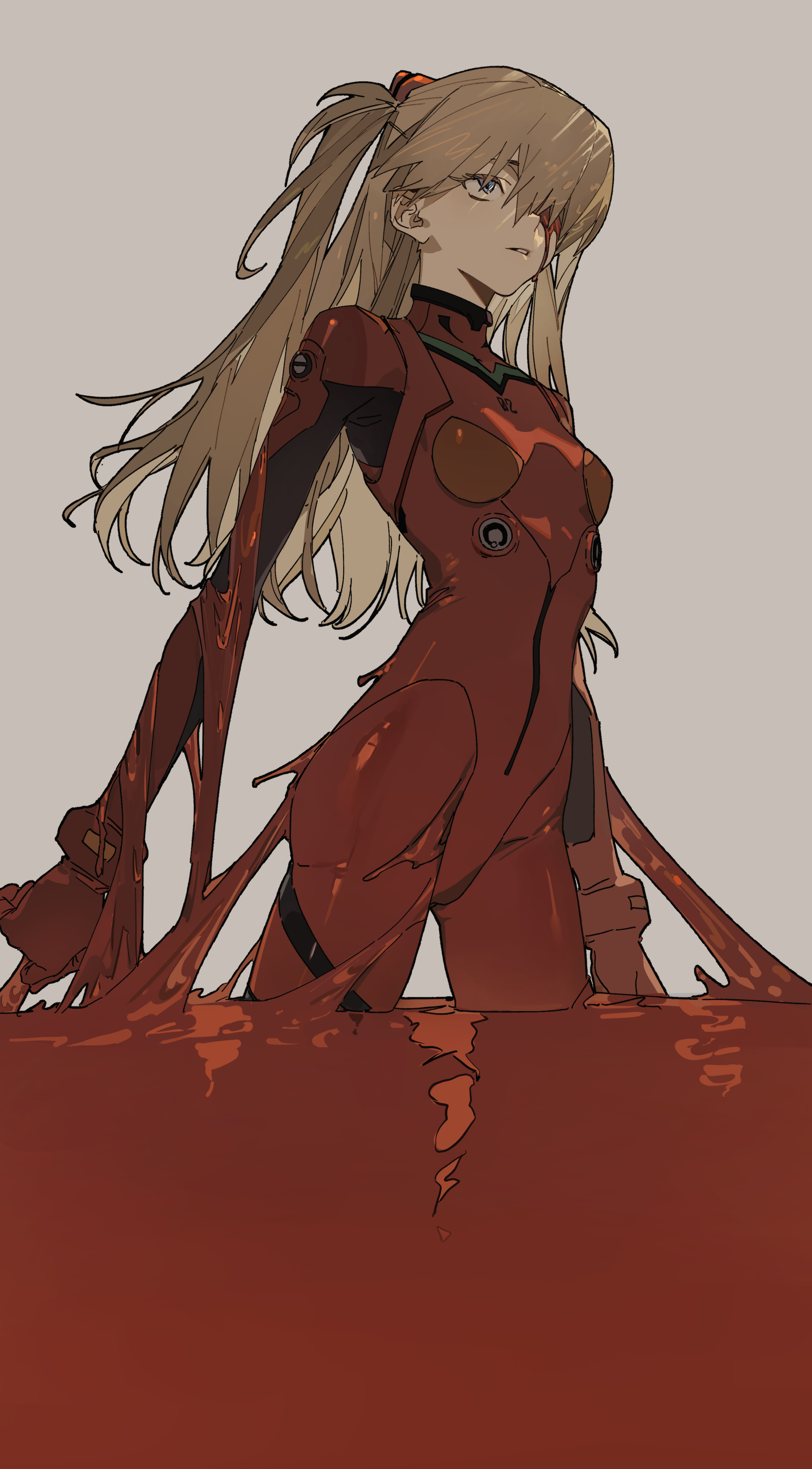 the image shows a stylized animestyle illustration of a young woman with long blonde hair, wearing a red plugsuit that appears to be melting or dripping. she has a serious expression on her face and is looking away from the viewer. the style is reminiscent of anime such as neon genesis evangelion, with a focus on smooth lines, soft shading, and a slightly abstract rendering of the suit. the background is a simple, muted gray, contrasting sharply with the rich reds of the figure and the background. the overall mood of the piece is somewhat melancholic and mysterious.