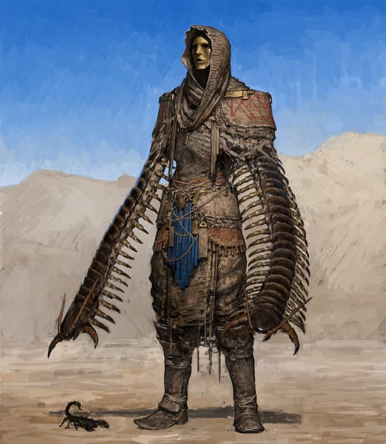 a lone figure stands in a desert landscape. they are clad in tattered, layered clothing and a hood, their face obscured except for a golden mask.  the most striking feature is the array of large scorpion tails that adorn their arms, acting as a sort of armor or weaponry. the figure has a weathered and rugged appearance, suggesting they are accustomed to the harsh desert environment.  a small scorpion crawls in the sand near their feet. the overall atmosphere is one of mystery and potential danger.